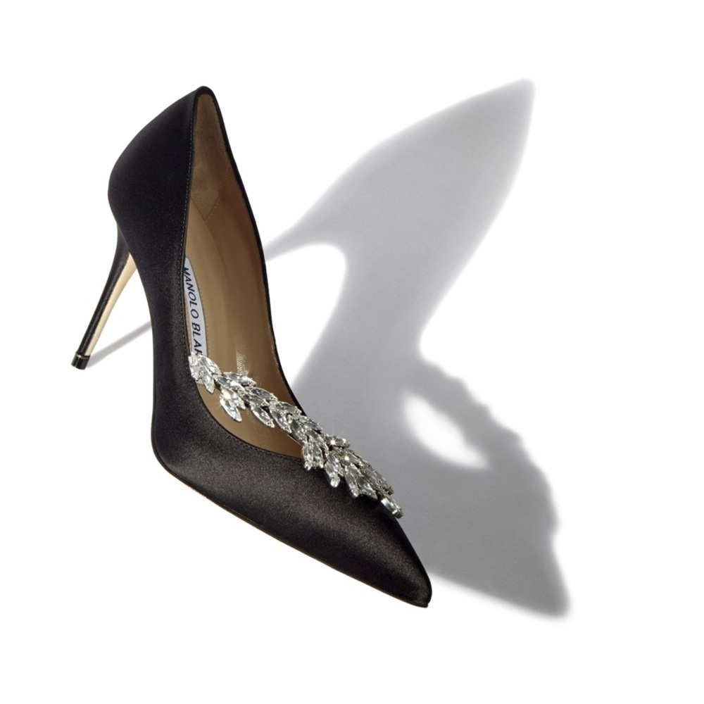 Manolo Blahnik /Nadira 90 Satin Jewel Buckle Pumps stiletto heels black 36.6 6.5